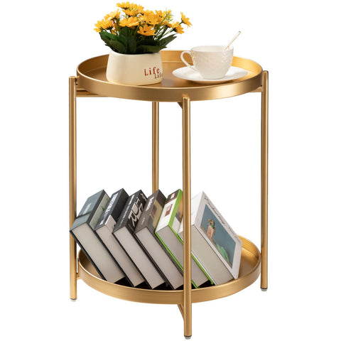 danpinera 2-Tier Gold Side Table, Round End Table, Small Gold Table with Removable Tray, Metal Folding Accent Living Room