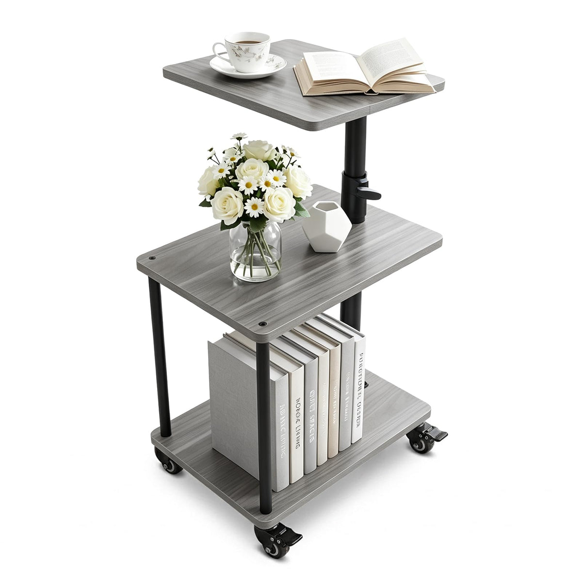 Bingyouth Side Table with Wheels, Height Adjustable Sofa Table with 360° Swivel Top, 3 Tier Bedside Table for Living Room, Bedroom and Small Spaces