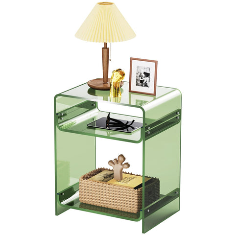 Acrylic End Table with Storage Shelf, Clear Side Table, Record Player Table, Nightstand, 15.7x19.7x11.8 (Green, 40×30×50 cm)
