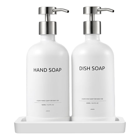 Janxin 2pcs Refillable Liquid Hand Jar Dispenser for Bathroom, Glass Soap Dispenser Bottle with Pump, 500ML, With Ceramic Tray