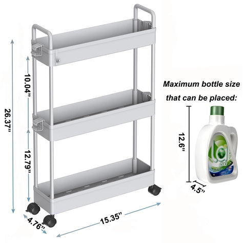 SOLEJAZZ 3-Tier Storage Trolley Cart Slide-out Slim Rolling Utility Cart Mobile Storage Shelving Organizer for Kitchen, Bathroom, Laundry Room