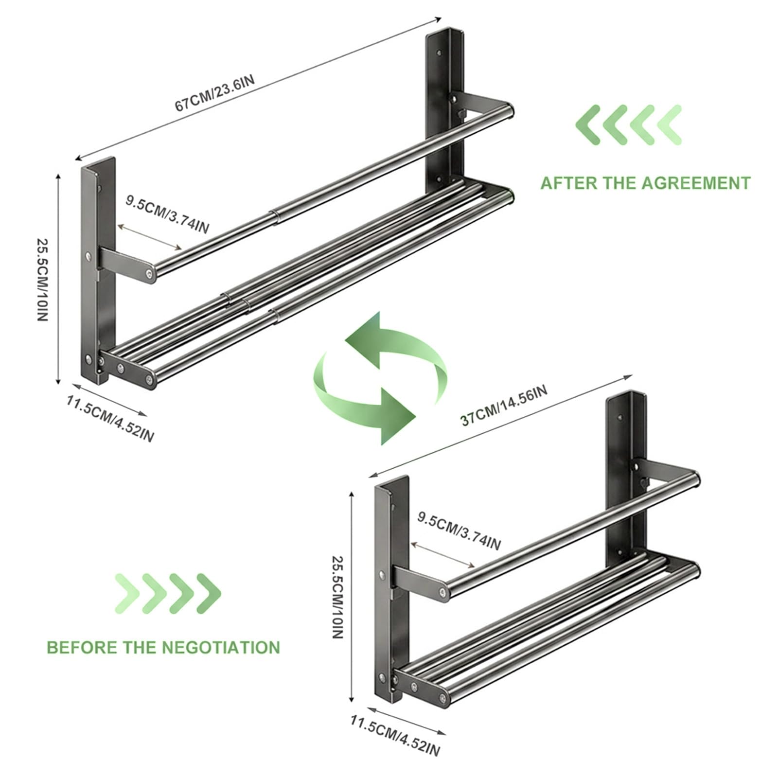 Wall-mounted Shoe Rack - 37-67cm Black Extendable 2 Tier shoe rack, Metal Wall Narrow Shoe Rack, Space-saving shoe storage