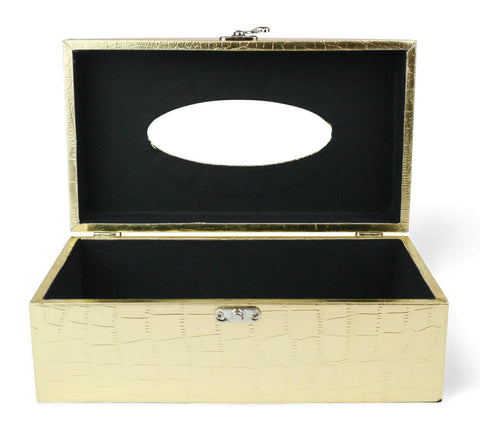 Emartbuy Gold Croc Texture Faux Leather Tissue Holder Metal Clasp Luxury