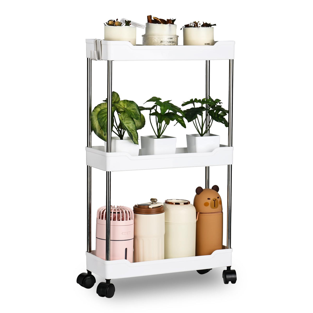 3 Tier Slim Storage Trolley Slide Out Rolling Utility Shelf Rack Storage Cart on Wheels Mobile Shelving Space Organizer with Hook for Small Narrow