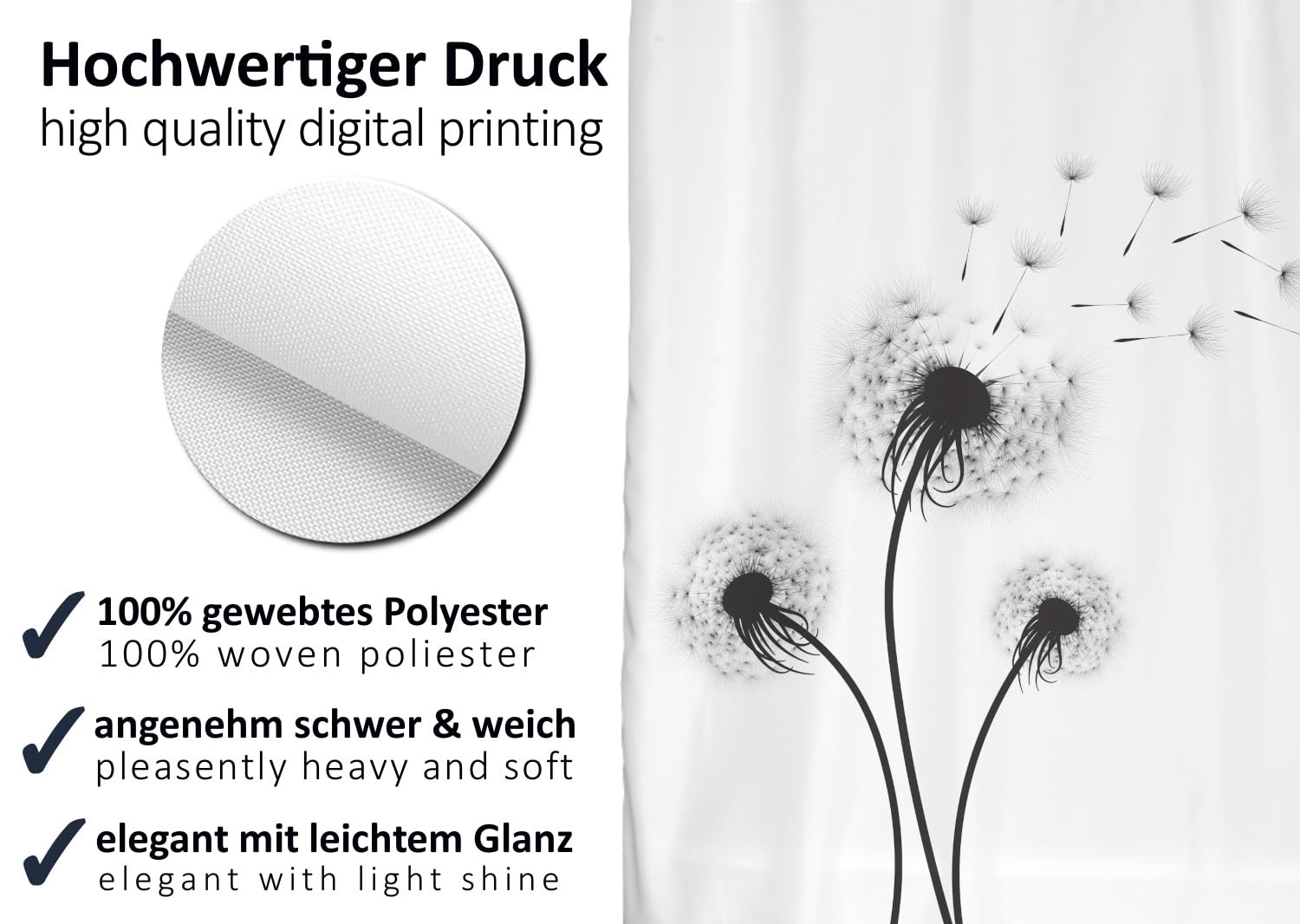 arteneur Anti-Mould Shower Curtain 180 x 200 cm Black and White Shower Head