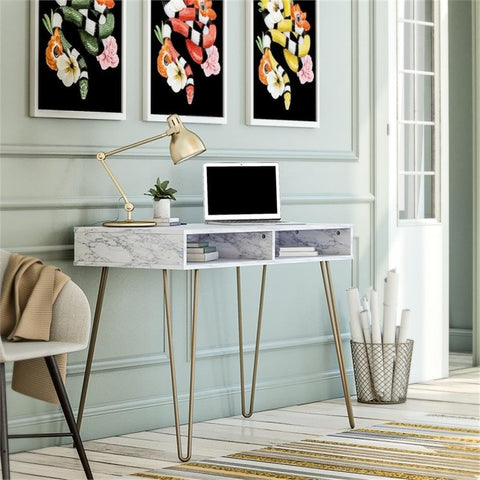 Novogratz Athena Desk with Storage White Marble Look