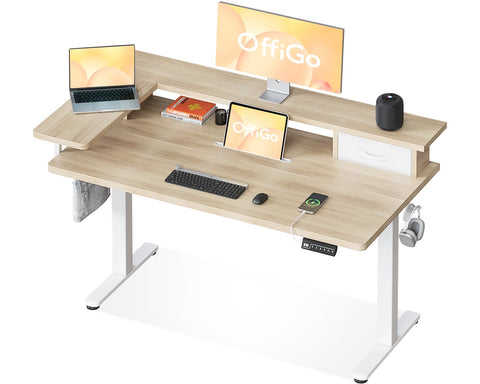 OffiGo Standing Desk with Drawers & Monitor Stand, USB Port, 120cm Beige