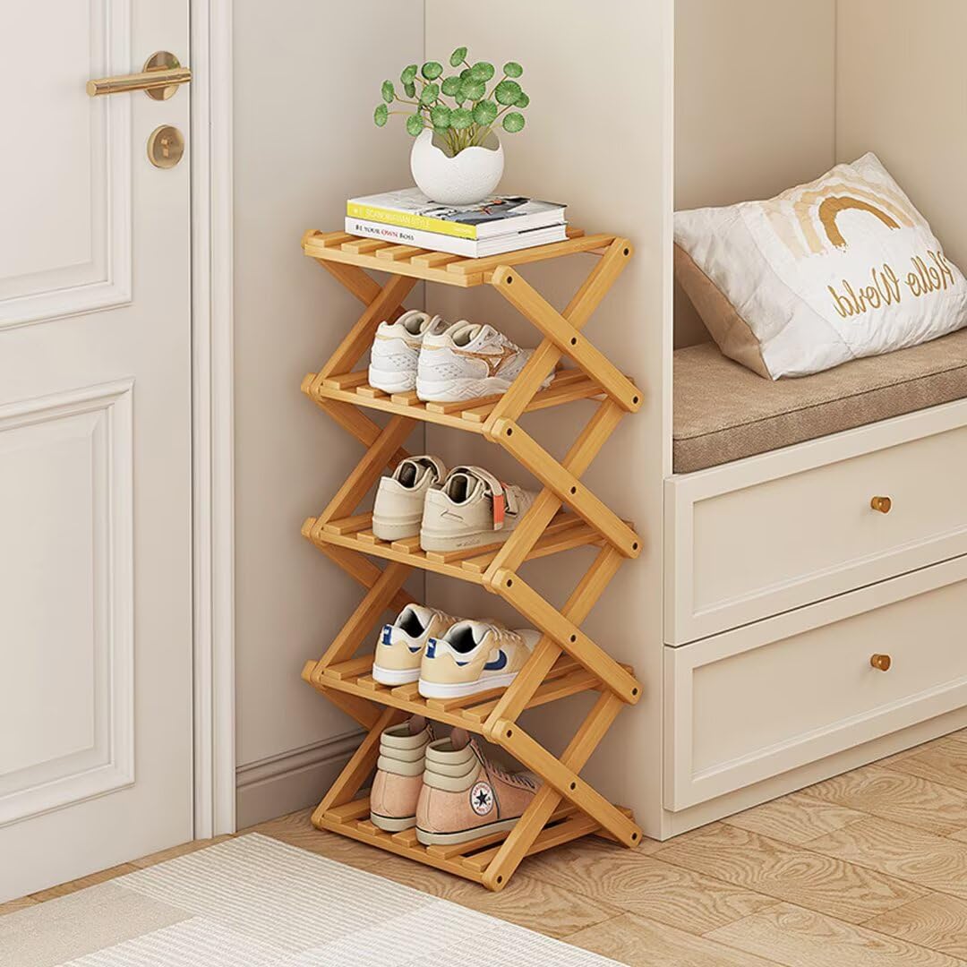 Tielag Vertical Shoe Rack Folding 5 Tier, Narrow Shoe Storage Rack, Bamboo Shoe Shelf, Tall Shoe Stand, Without Installation