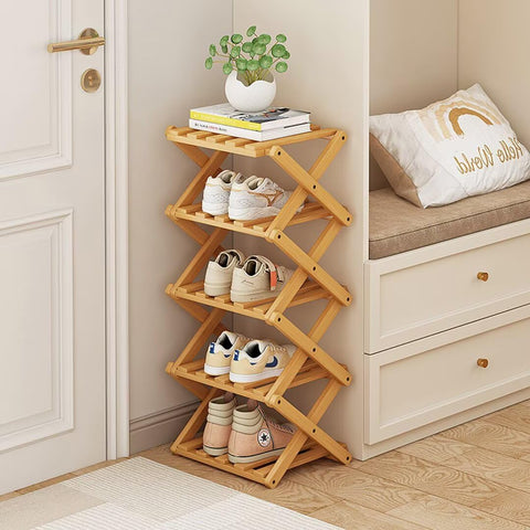 Tielag Vertical Shoe Rack Folding 5 Tier, Narrow Shoe Storage Rack, Bamboo Shoe Shelf, Tall Shoe Stand, Without Installation