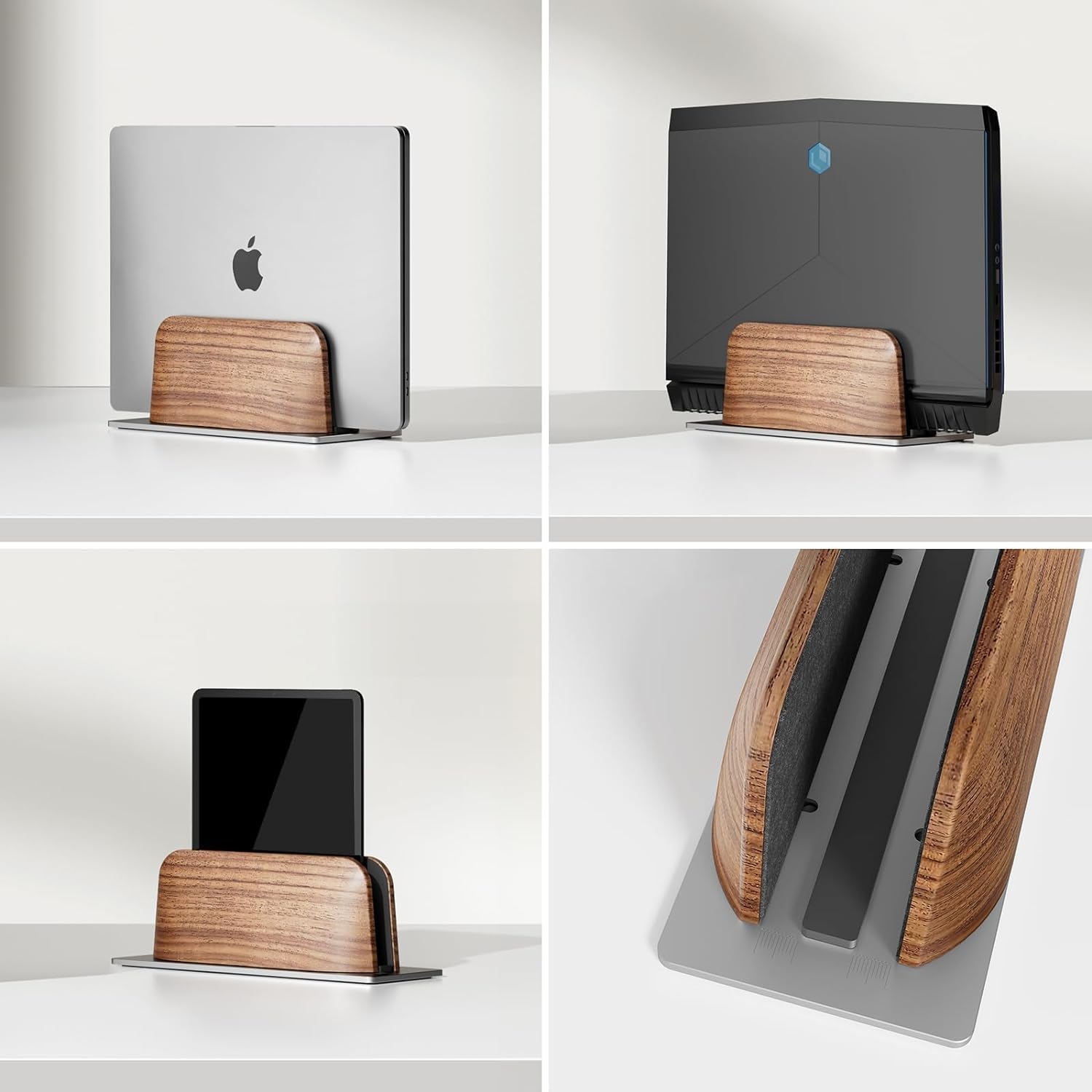 QinCoon Vertical Laptop Stand for Desk, Black Walnut Wood and Aluminium Laptop Holder for All MacBook, Surface, Samsung, HP, Dell, ‌Chromebook