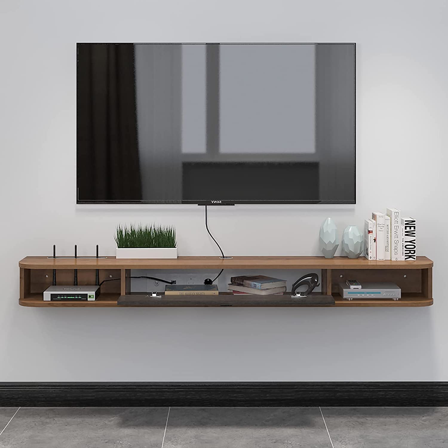 Pmnianhua Floating TV Stand, Wall Mounted TV Cabinet, Floating Shelves with Door, Modern Entertainment Media Console Center Large Storage TV Bench