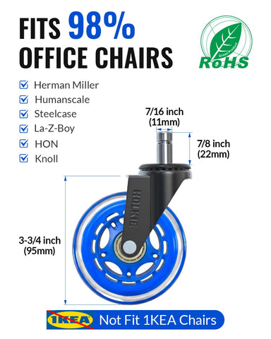 HOLKIE Gaming Chair Wheels 11x22mm Blue Core Replacement Desk Office Chair Wheels for Hard Floor Casters Set of 5 Heavy Duty Wheel Replacement for