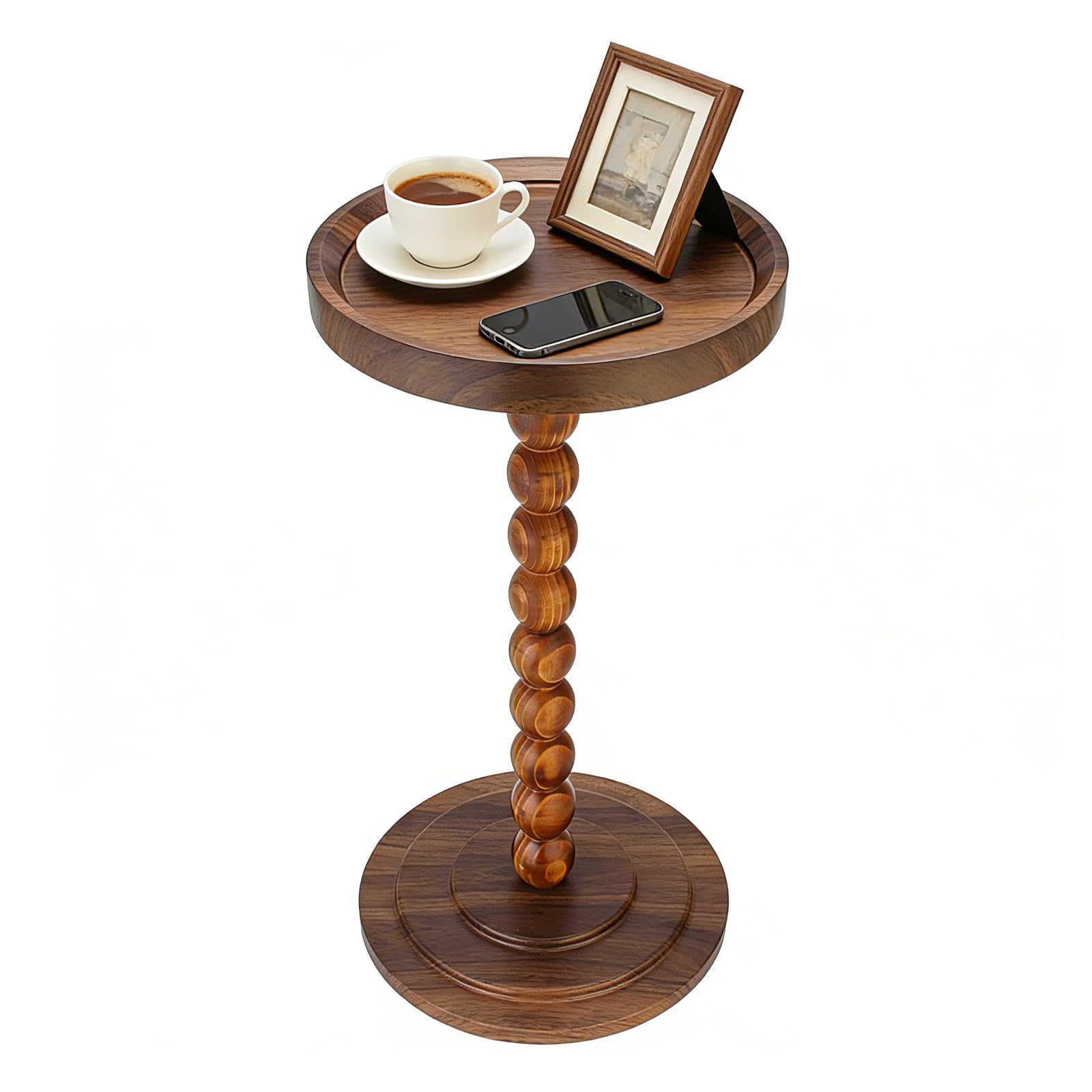 Simcat Round Side Table Bamboo Joint Design, Small Round Coffee Table for Small Spaces with Solid Wood Leg for Living Room, Bedroom, Corners