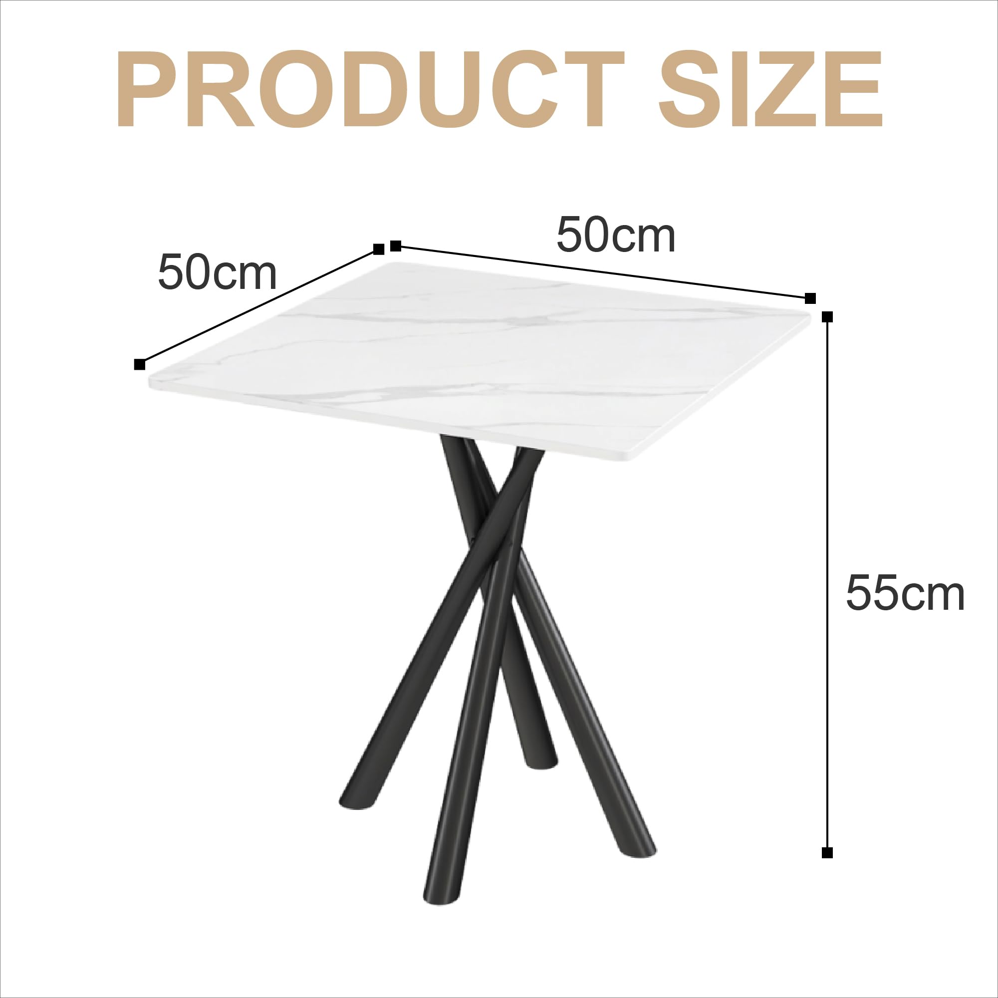 IMHKAM Side Table, White Small Stone Marble Coffee Table Living Room Bedside Table with Black Metal Legs Sofa Bedroom Office Table, 50x50x55cm