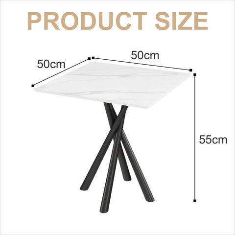 IMHKAM Side Table, White Small Stone Marble Coffee Table Living Room Bedside Table with Black Metal Legs Sofa Bedroom Office Table, 50x50x55cm