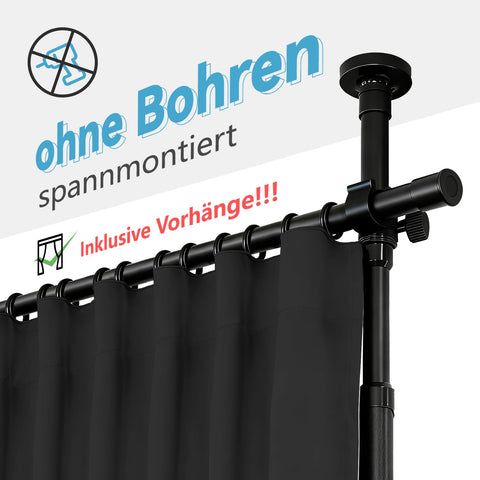 JILRON ROOM DIVIDER CURTAIN COMPLETE SET (1 BLACK CURTAIN: H 213cm x W 270cm POLE: H109-305cm x W89-254cm) Ideal for Rental Homes