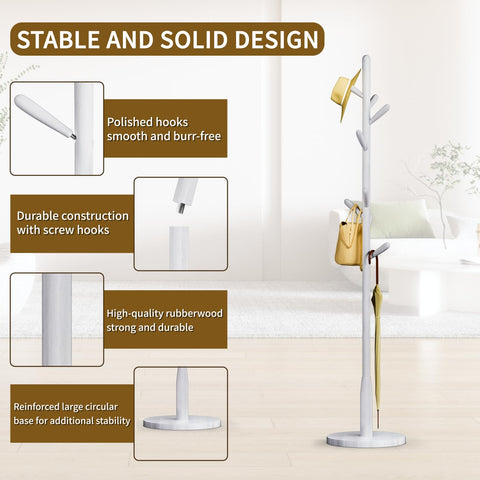 Awatiwa Solid Wood Round Base Coat Rack, Free Standing Hall Coat Tree with 8 Hooks（+2 spare for Coats, Hats, Bags, Purses, for Entryway, Hallway