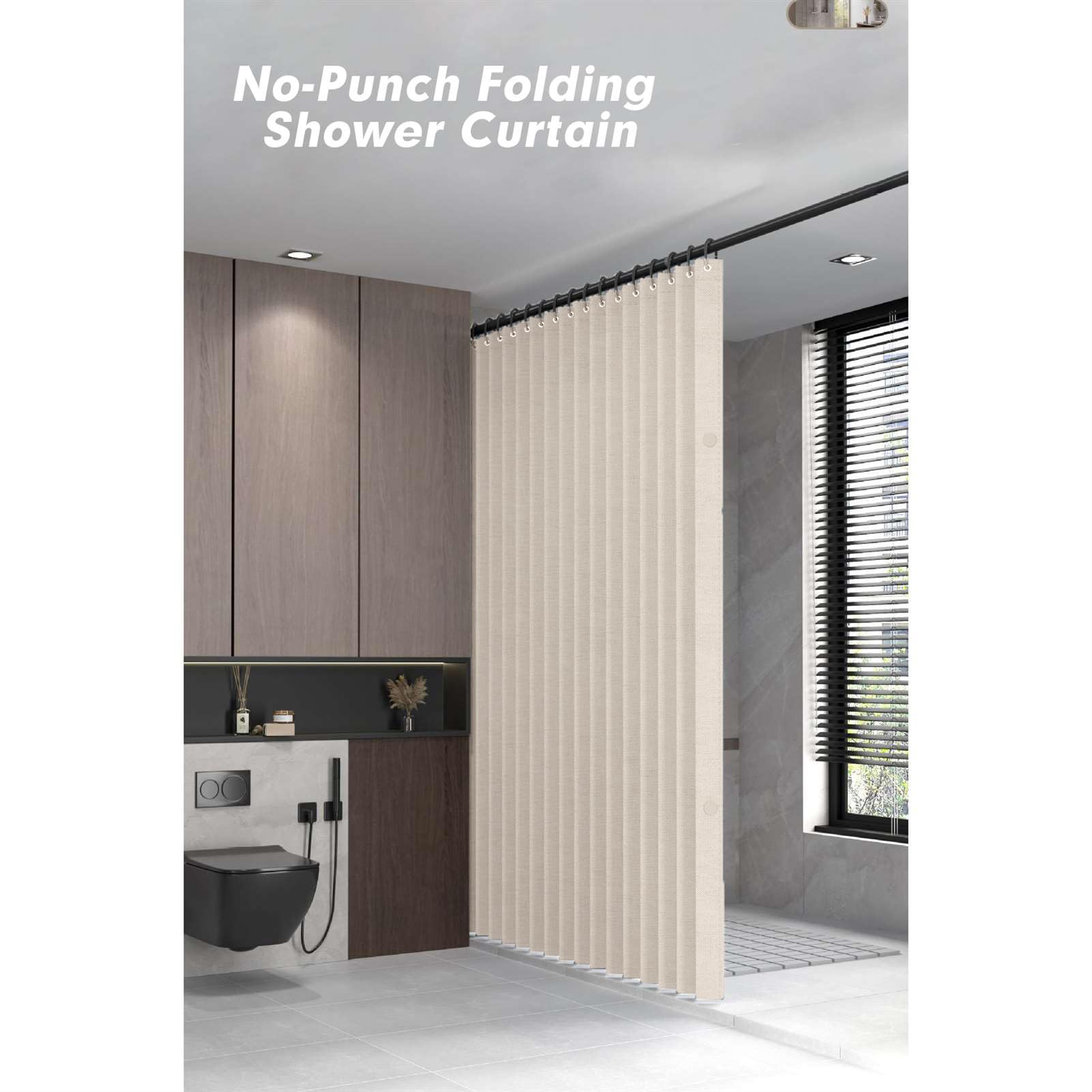 Momooda Waterproof Folding Heavy Duty Shower Curtain with Hooks, Magnetic Sripe Splash-proof, Anti Mould Linen Shower Curtain for Bathroom, Beige