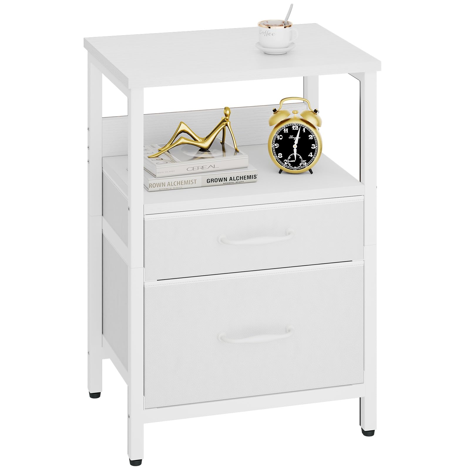YMYNY White Bedside Table, Bedroom Bedside Cabinet with 2 Fabric Drawers, Open Shelf Unit, Metal Frame, Modern, Nightstand, End Table