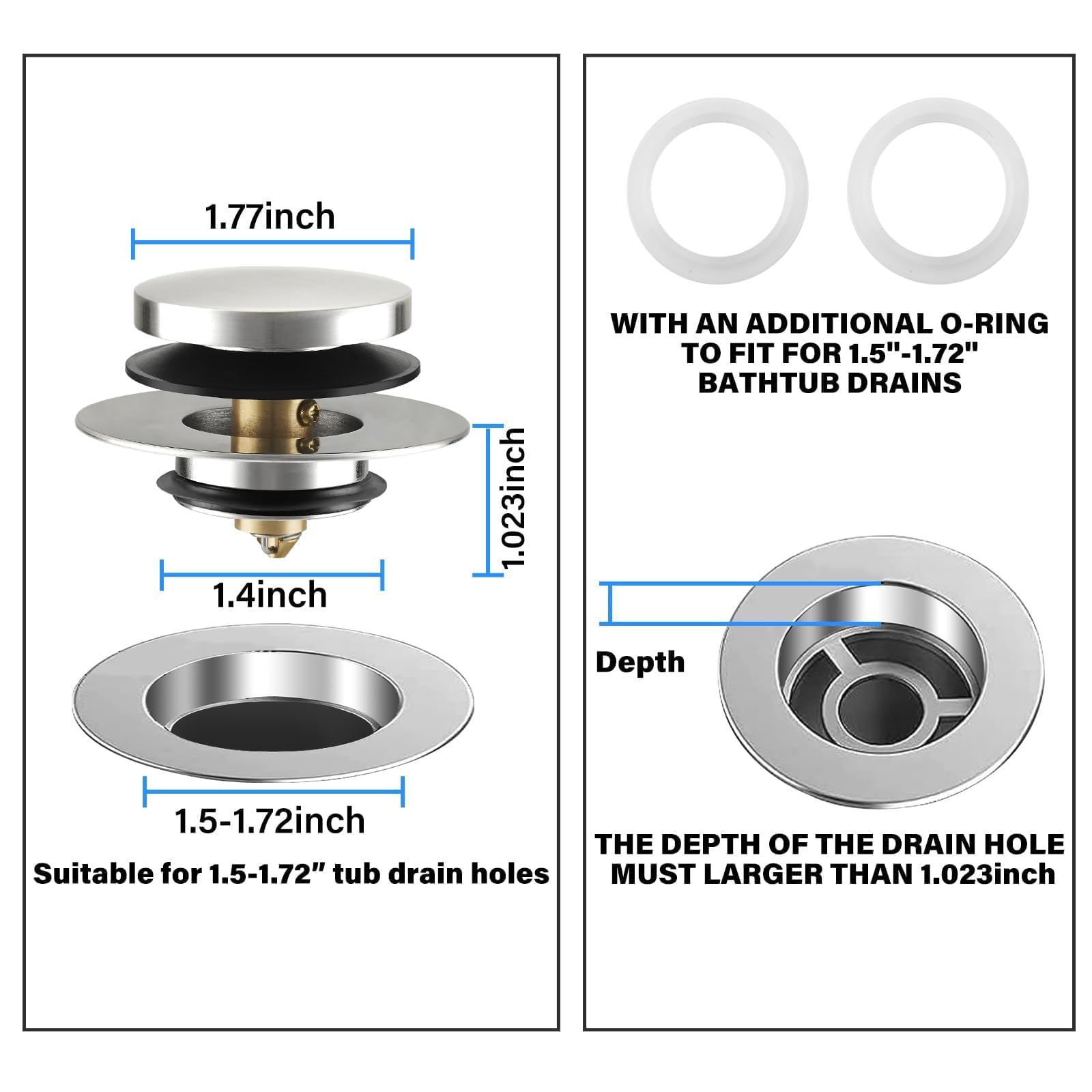 Bathtub Drain Stopper, Universal Tub Stopper for Replacing Tip Toe/Trip Lever/Lift&Turn Tub Drain