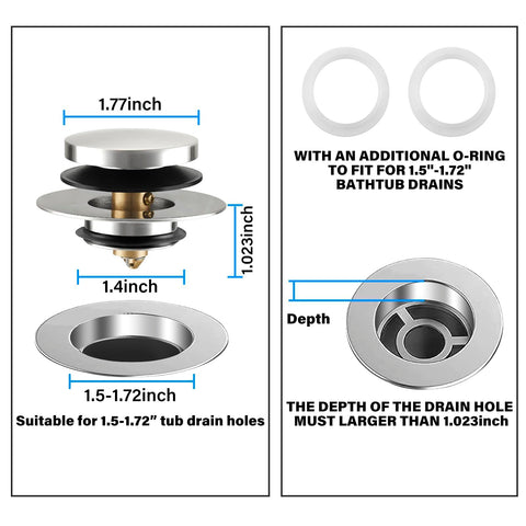 Bathtub Drain Stopper, Universal Tub Stopper for Replacing Tip Toe/Trip Lever/Lift&Turn Tub Drain
