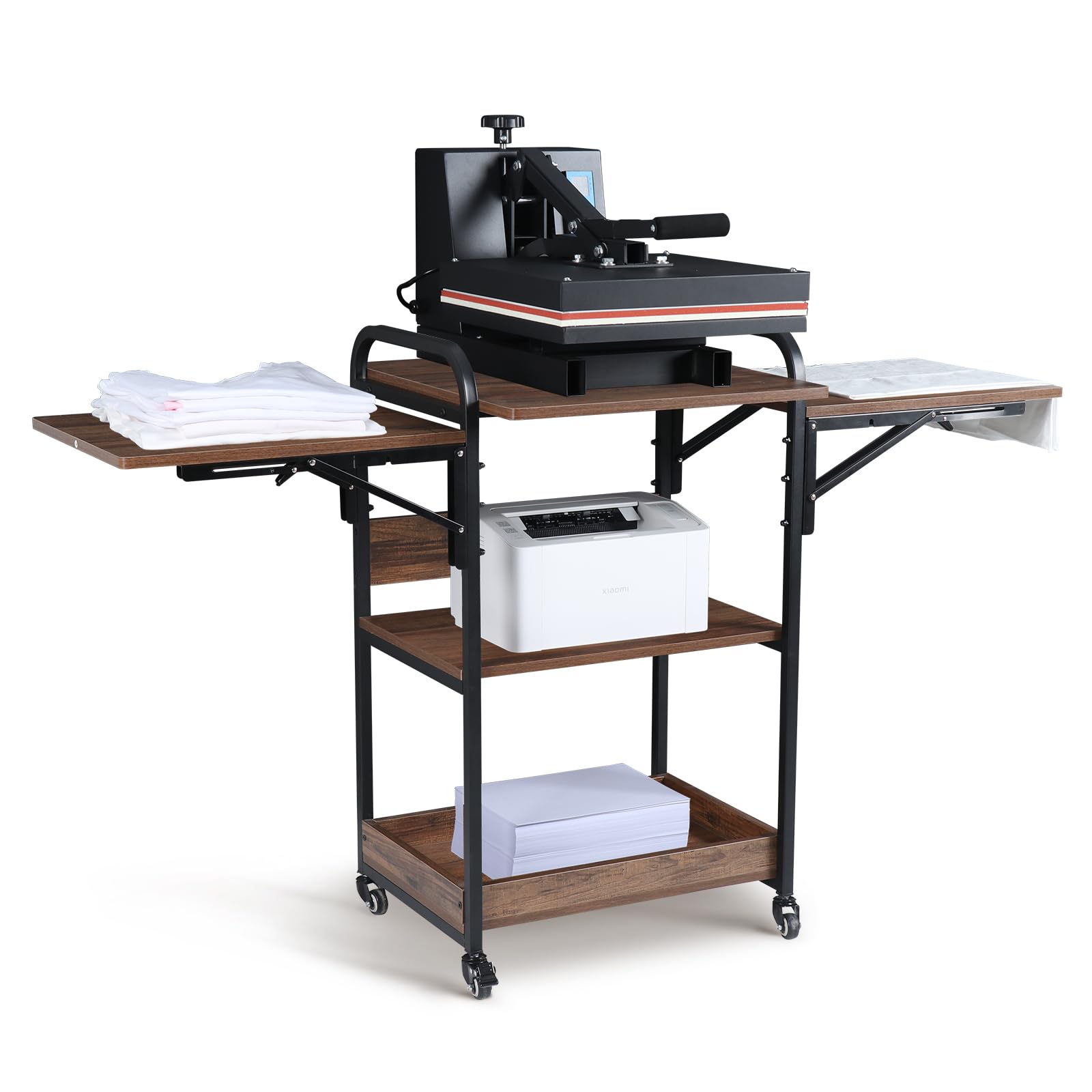 Kokorona Heat Press Stand Table with 3-Tier Storage, Heavy Duty Movable Metal Workbench with Folding Shelf, Easy Install