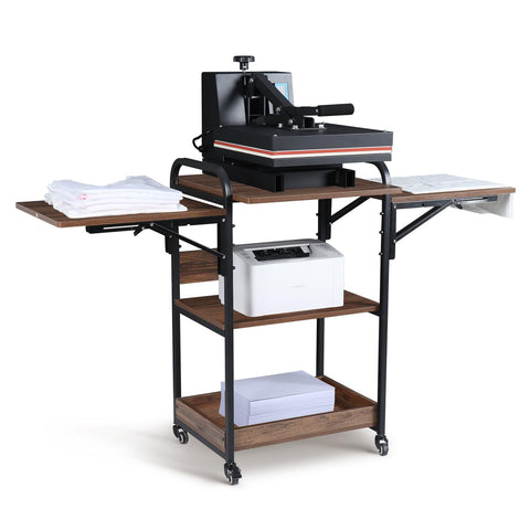 Kokorona Heat Press Stand Table with 3-Tier Storage, Heavy Duty Movable Metal Workbench with Folding Shelf, Easy Install