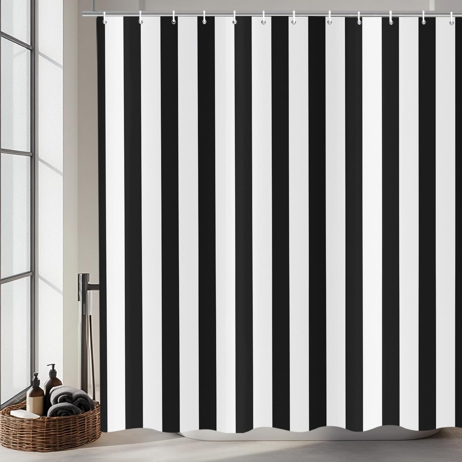 ASDCXZ Striped Shower Curtain 180x200 cm, Modern Minimalist Japanese Style Black White Vertical Stripes Waterproof Bath Curtain Polyester Textile