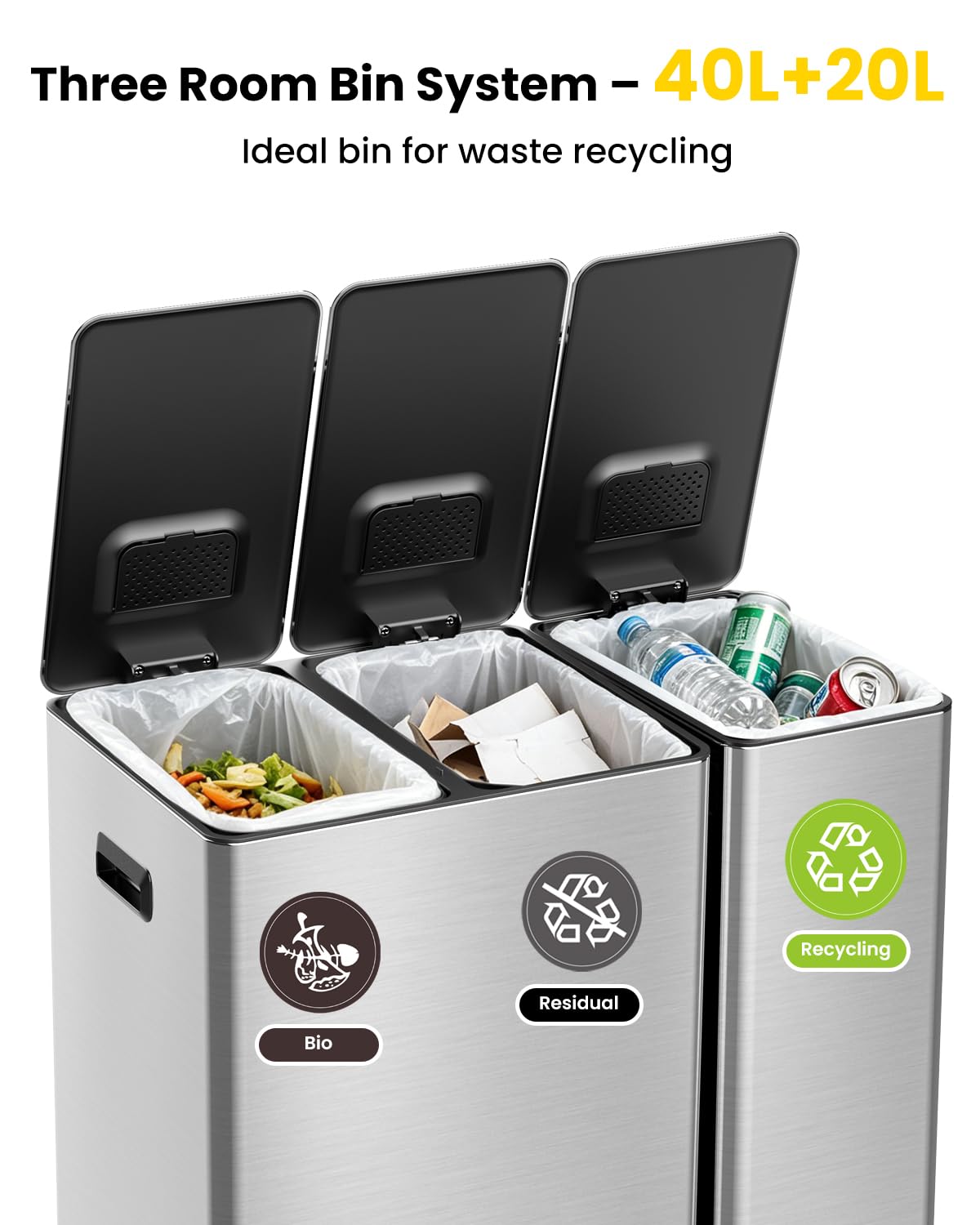 Kitchen Bin,40L Double Bin+20L Single Bin,Tall Slim 60L Stainless Steel Pedal Bin,Dual Bin Rubbish Recycling with Soft-Close Lids and Inner