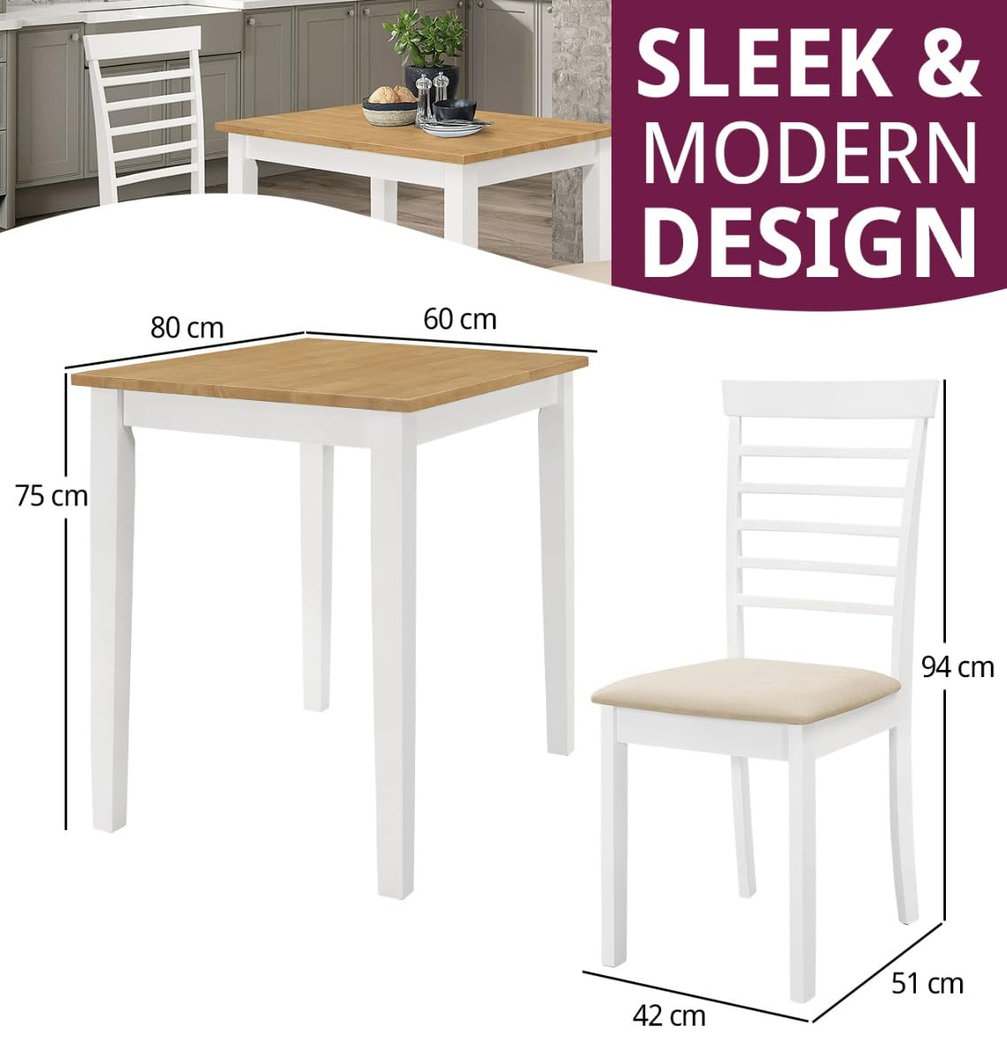 Hallowood Furniture Ledbury White Dining Table and 2 Chairs Set, 80x60cm