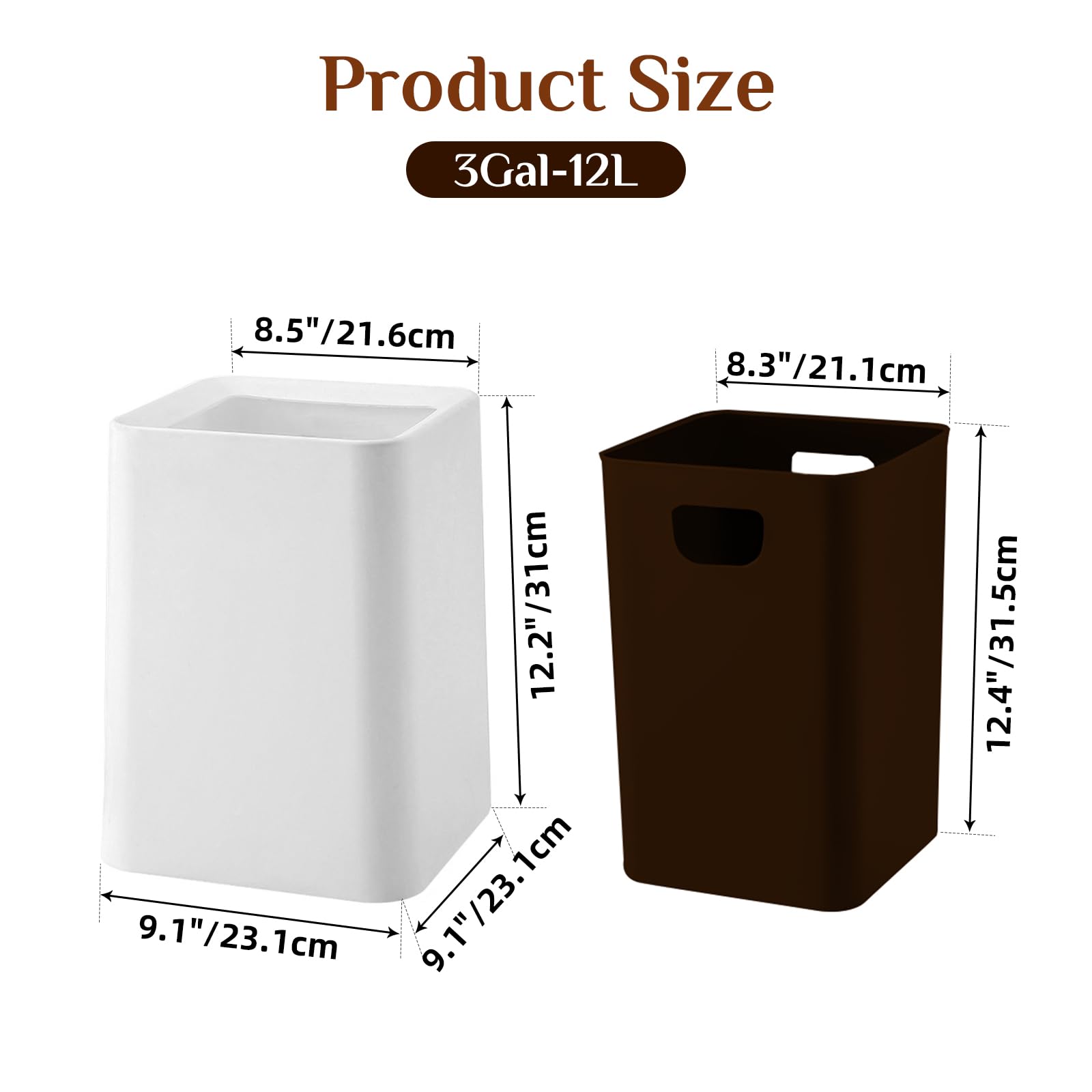 White Bathroom Bin 12L With Inner Bucket, Hidden Bag Design, 2 Pack Modern Open Top Touchless Bathroom Can, Minimalist Plastic Bin for Bedroom