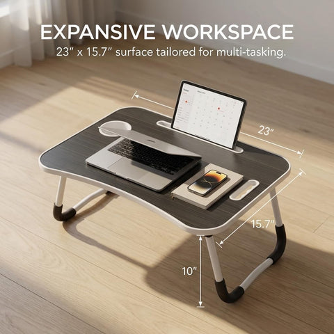 GnohGnoh Folding Lap Desk, 23 Inch Portable Wood Deep Black Laptop Bed Desk Lap Desk with Cup Holder, for Working Reading Writing, Eating