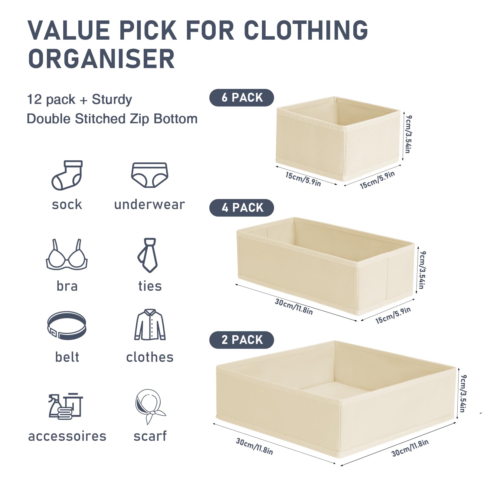 DIMJ Drawer Organisers and Clothes Dividers - 12 Pack Fabric Wardrobe Storage Cubes Foldable Draw Box for Socks, Underwear, Baby Clothing, Ties