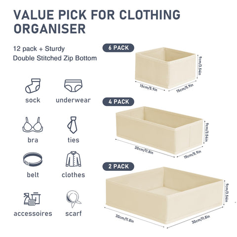 DIMJ Drawer Organisers and Clothes Dividers - 12 Pack Fabric Wardrobe Storage Cubes Foldable Draw Box for Socks, Underwear, Baby Clothing, Ties