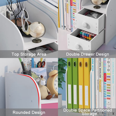 Hggzeg Desktop Bookshelf with Drawer, Small Countertop Bookcase Desk Organiser Office Supplies Storage Rack(White)