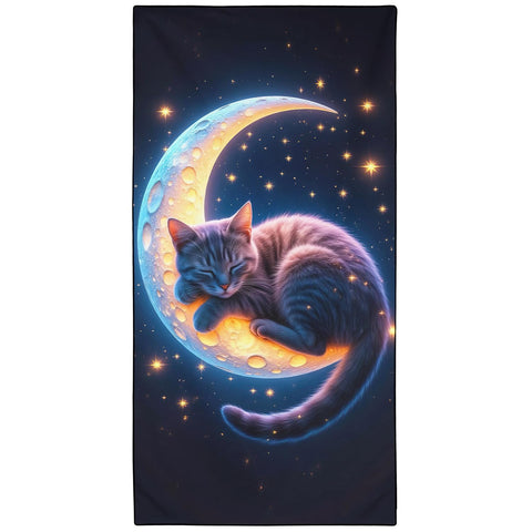 Violetpos Starry Moon Grey Cat Beach Towel for Kitty Lovers, Extra Large 180x90 cm 250GSM Microfibre, Sand Free Quick Dry