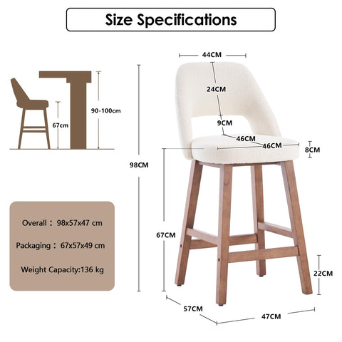 Kidol&Shellder Bar Stools Set of 2, 67cm Counter Height Bar Chairs, White