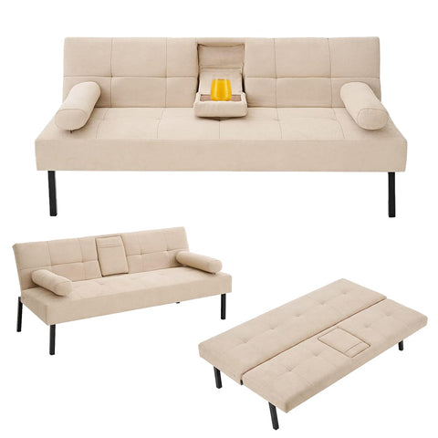 Panana Click Clack Sofa Bed Linen Fabric 3 Seater Sofa Couch Living Room/Spare Room/Guest Room Bed Settee With Cup Holders, Beige