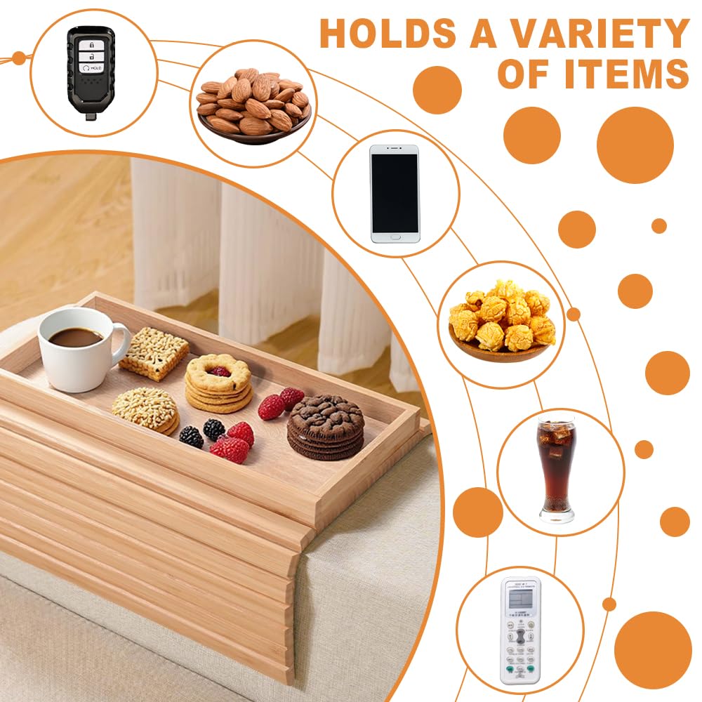 Lighterday Sofa Arm Tray,Foldable Bamboo Table Couch ArmchairTray,Anti-Slip Sofa Side Table Armchair Tray for Snacks Phone Drinks Cup