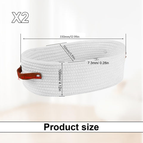 TIANLIN 2-Pack Woven Cotton Rope Small Storage Basket with Leather Handles, 33x15x10 cm (13"x6"x4"), Small Organiser Baskets for Bathroom, Bedroom
