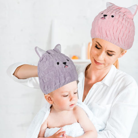 2-Piece Dry Hair Cap - Microfiber Quick Drying Bath Cap with Cute Cat Ears - Super Absorbent Hair Towel Wrap for Women & Girls