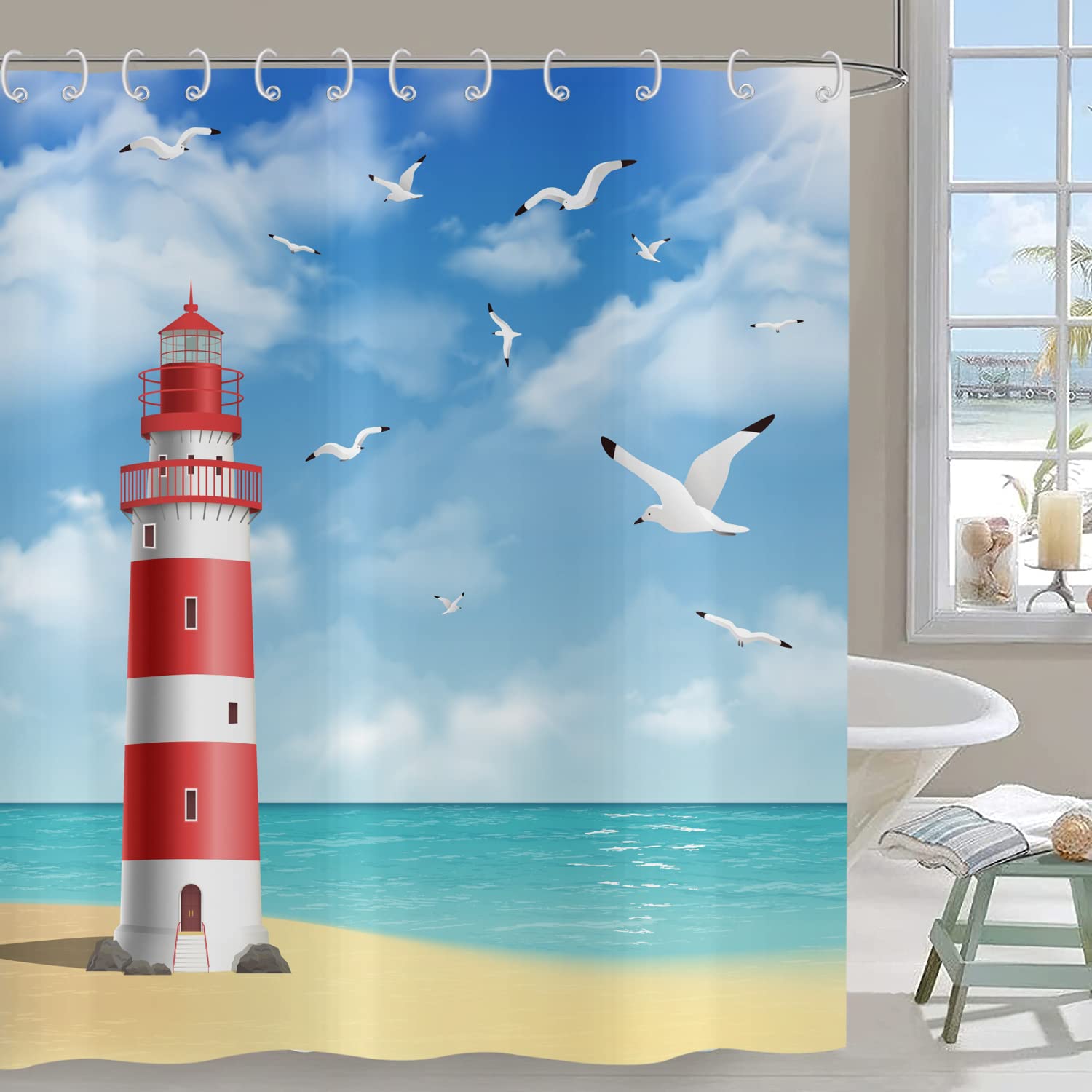 Hnmdmyi Lighthouse Shower Curtain 180x220, Ocean Beach Seagull Blue Sky White Clouds Scenery Bathroom Curtains with Hooks Waterproof Polyester Fabric