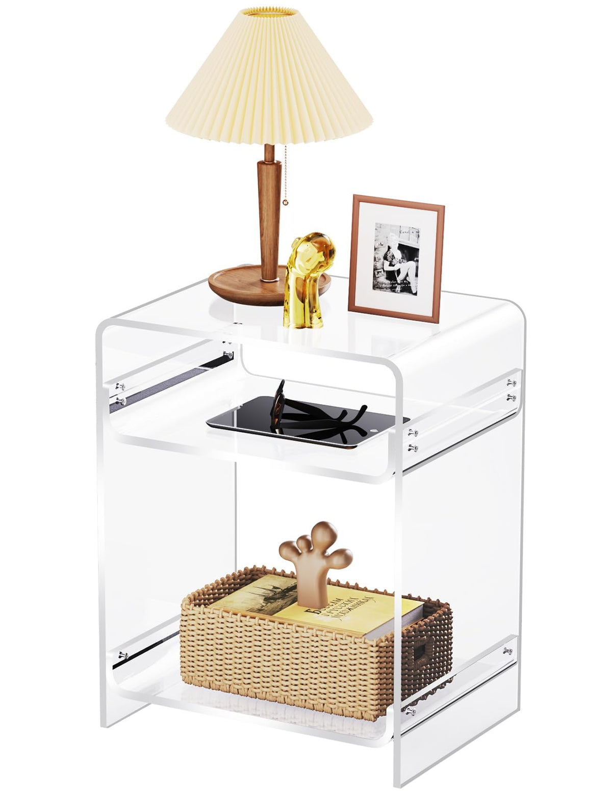 Acrylic End Table with Storage Shelf, Clear Side Table, Record Player Table, Nightstand, 15.7x19.7x11.8 (Clear, 40×30×50 cm)