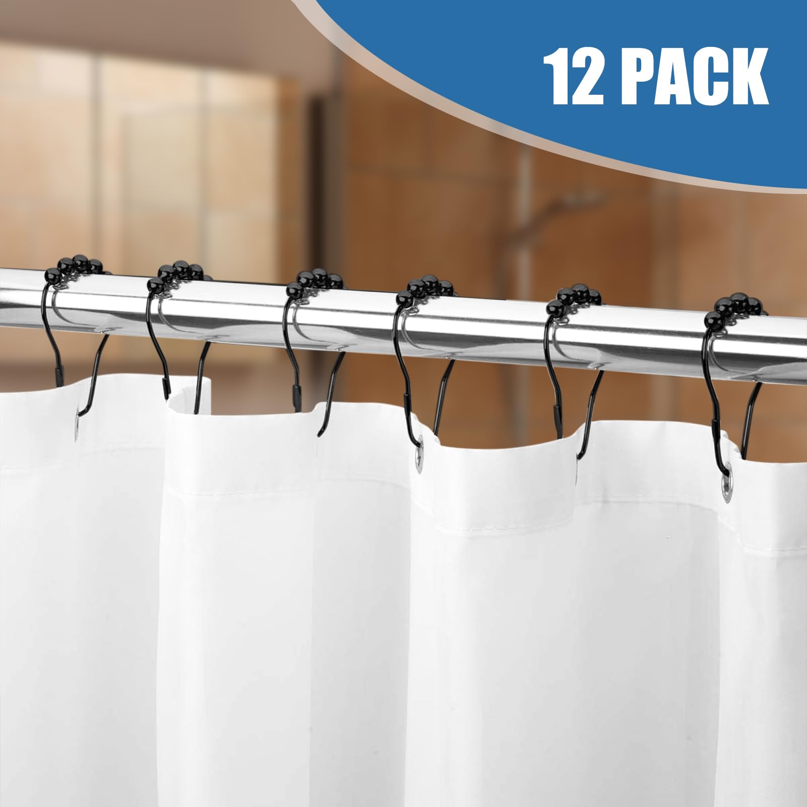 Shower Curtain Rings,Set of 12 Black Shower Curtain Hooks,Rust Proof Secure Lock Ring Clips for Hanging Bathroom Curtain.