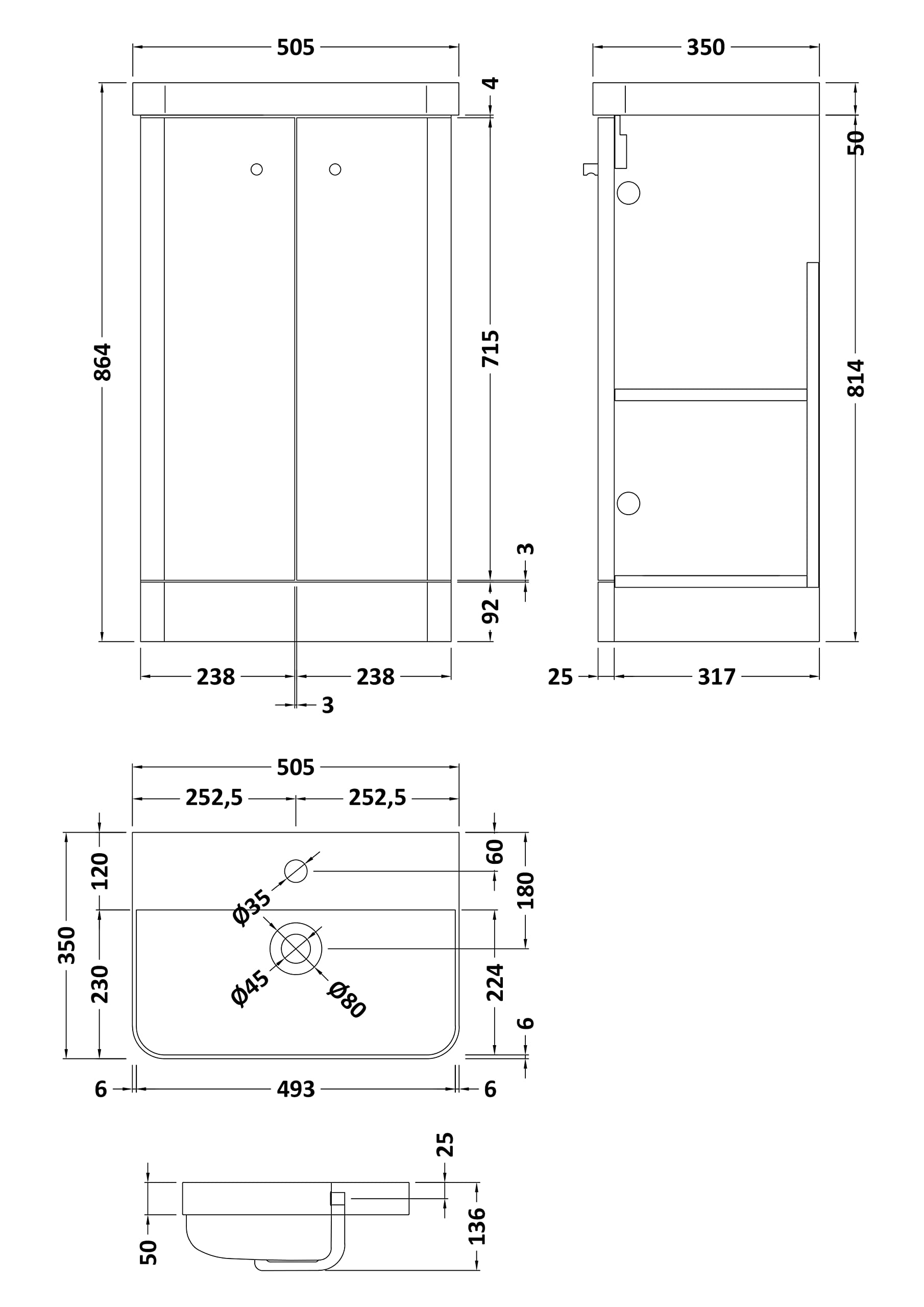 nuie COR1404 Core Modern Bathroom Floor Standing 2 Door Vanity Basin Unit with Ceramic Basin, 500mm, Soft Black