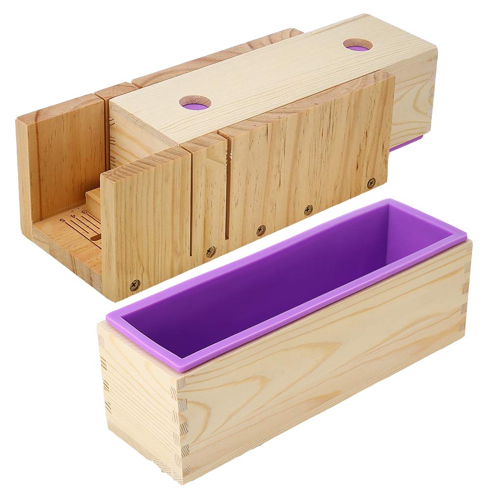 Hard Pine Adjustable Wood Soap Cutter Slicer Box Set - Art Craft Soap Making Loaf Mold Wire Cutter with Handmade Silicone Soap Loaf Mould and 3 Pcs