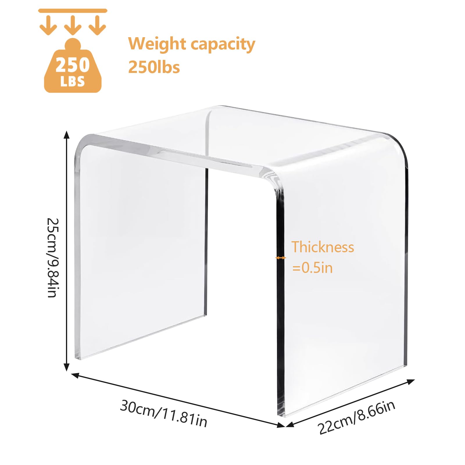 Clear Acrylic U Shaped End Table, Transparent Perspex Plastic Shower Stool, Stylish Modern Coffee Table with Rounded Edges