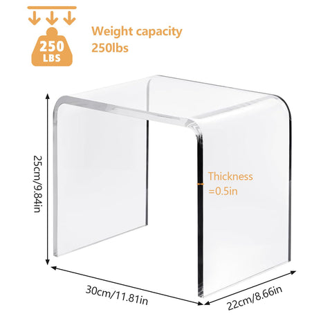 Clear Acrylic U Shaped End Table, Transparent Perspex Plastic Shower Stool, Stylish Modern Coffee Table with Rounded Edges