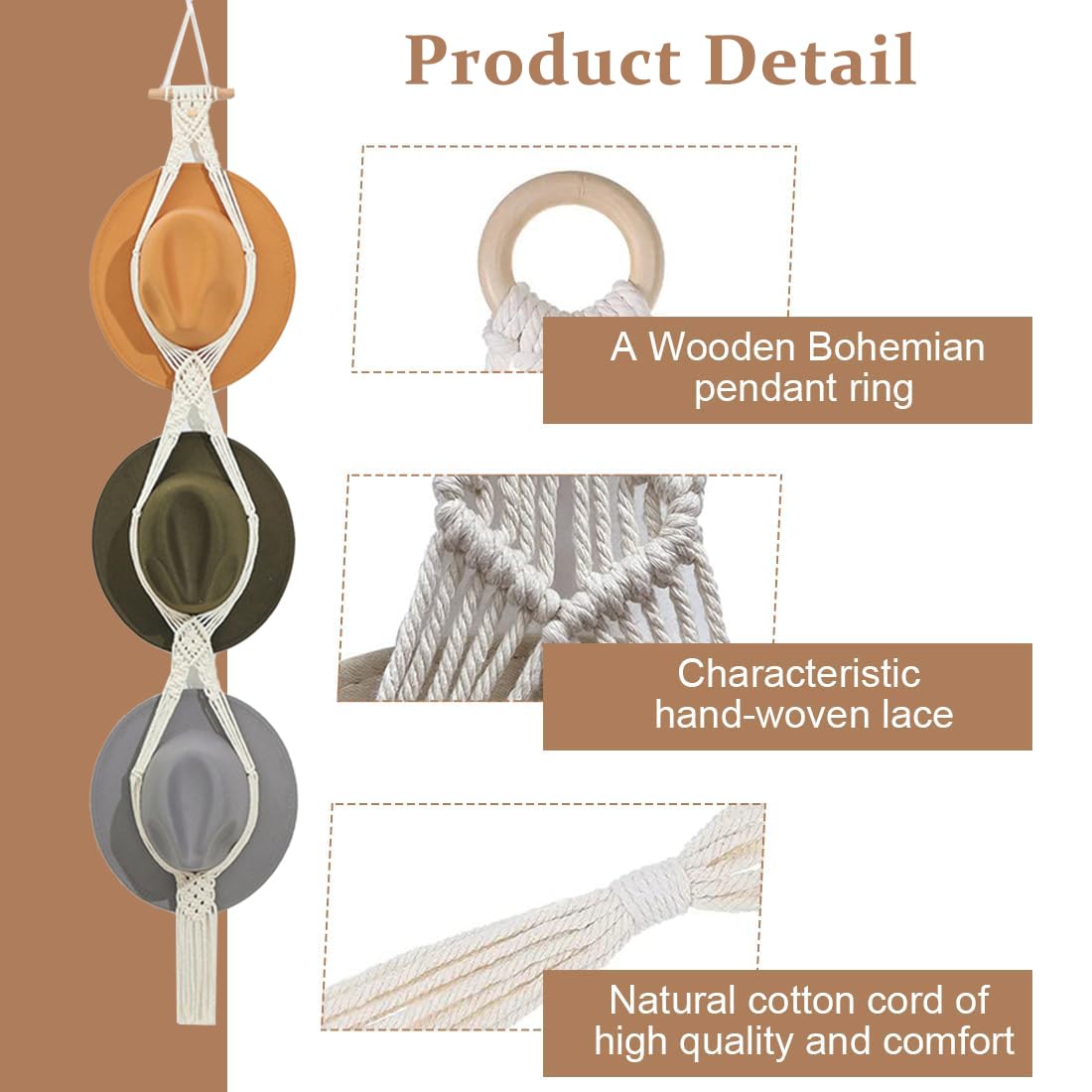 CCAIPU Macrame Hat Rack, Boho Hat Hanger Wall Hanging Hats Organizer for Wide Brim Cap Cowboy Storage for Man and Women (A-2Pcs)