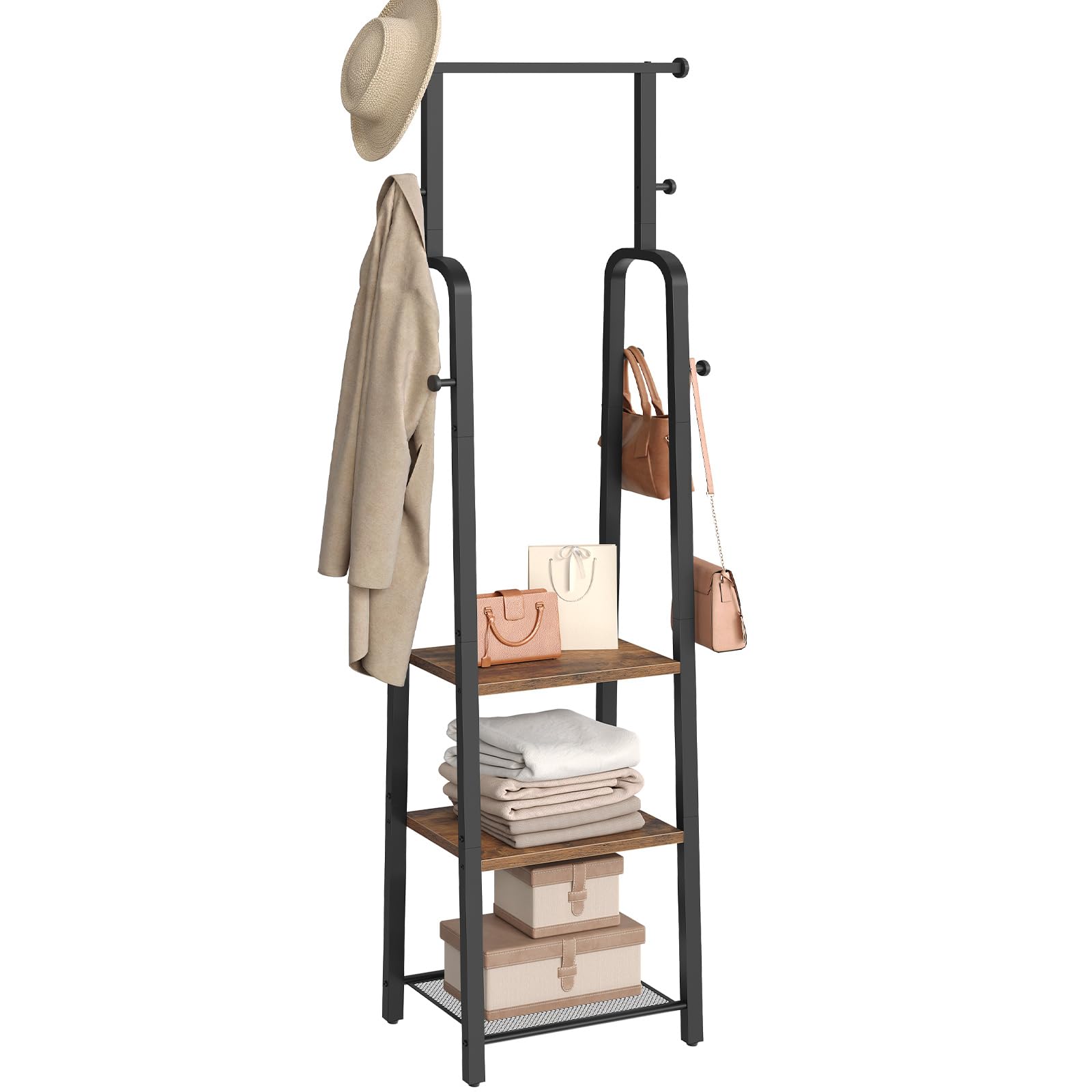 MAHANCRIS Coat Rack, Freestanding Coat Stand with Hanging Rail, Industrial Clothes Rack with 3-Tier Shelf & 8 Hooks, for Hallway, Entryway, Bedroom